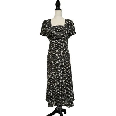 Vintage 80s 90s Donna Ricco Black Floral Midi Dress Size 8P Whimsigoth Academia  - Image 1 of 4