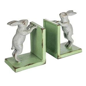 Decorative 2-Tone Cast Metal Rabbit Bookends, Green and Grey, Set of 2 - Picture 1 of 8