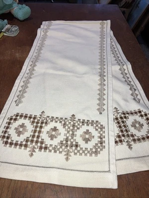 Vintage RETRO 70's Style  Cream & Beige Pattern Table Runner 124cmL X 28cm w - Image 1 of 4