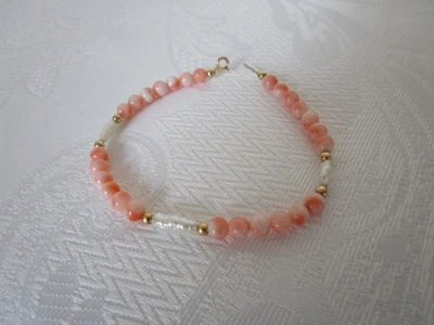 Vintage 14K Yellow Gold Angel Skin Coral Baroque Pearl Beaded Bracelet 7.5'' L - Image 1 of 4