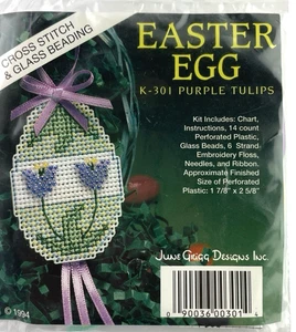 June Grigg Cross Stitch Glass Bead Easter Egg Purple Tulip Flowers Kit 301 - Picture 1 of 6