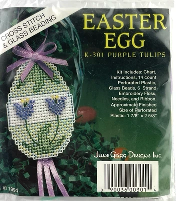 June Grigg Cross Stitch Glass Bead Easter Egg Purple Tulip Flowers Kit 301 - Image 1 of 4