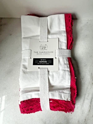 set of 4  napkins from The Farmhouse by Rachel Ashwell white pink lace.. - Image 1 of 4