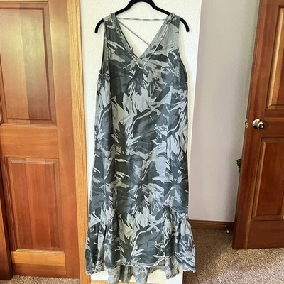 XCVI Women’s 100% Linen Sleeveless Maxi Dress M Gray Camo Print Raw Hem  - Image 1 of 4