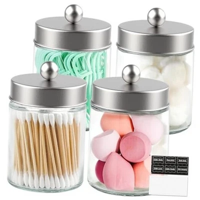 Стеклянные аптекарские банки с крышками для ванной, милый держатель Qtip упаковка 4 шт. серебристые - Изображение 1 из 4