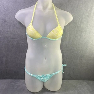 Cia Maritima Bikini Brazilian Women S Lime Green Top Blue Bottom Floral Cheeky - Picture 1 of 13