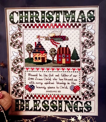 Cross Stitch Pattern CHRISTMAS BLESSING Sampler Bible Verse Ephesians 1:3 - Image 1 of 4
