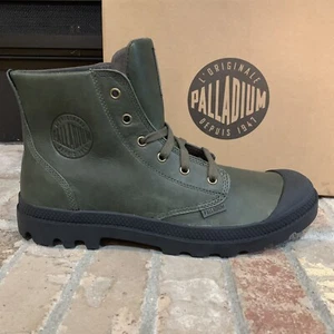 **NEW W DEFECTS**PALLADIUM Pampa HI LEATHER Men's ArmyGreen/Black Boot - Picture 1 of 10