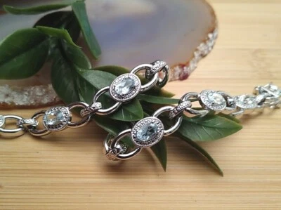 AQUAMARINE Light Blue Stone PAJ BR Rhodium Over Brass Bracelet w/Safely Clasp! - Image 1 of 4