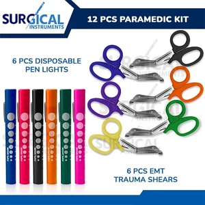 6 Colored Disposable Penlights With 6 Colored EMT Shears Stainless German Grade - Picture 1 of 3