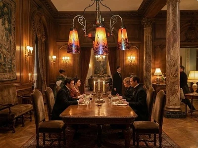 Vintage chandelier brass 5 arm art deco C-1940s Iridescent pulled feather shades - Image 1 of 4