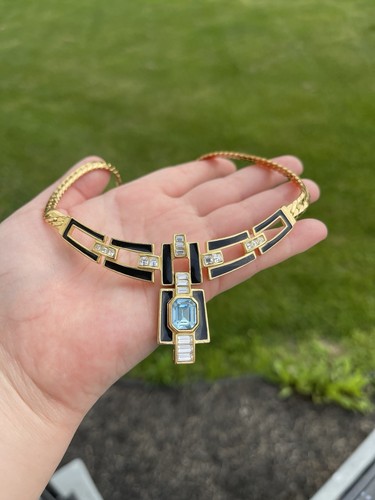 Collana vintage Christian Dior stile art deco smalto nero finto cristallo acquamarina
