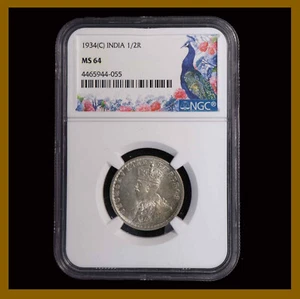 British India 1/2 Rupee Silver, 1934 (C) Calcutta NGC MS 64 King George V - Picture 1 of 2