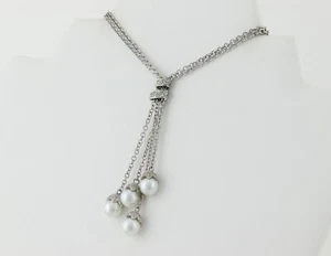 Sterling Silver Two Strand Pearl Lariat Drop Necklace 16" to 18" - Picture 1 of 8