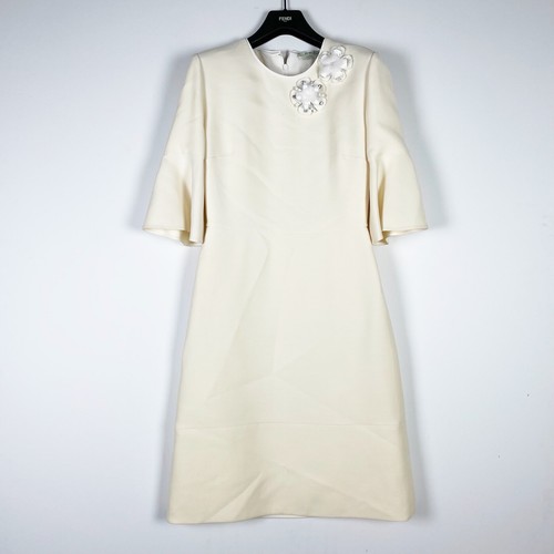 Abito tubino Fendi Roma Made In Italy misto lana crepe fiori applique avorio S