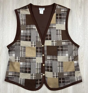 Vintage Koret Boho Brown Patchwork Plaid Sweater Vest Size Large Made in USA - Picture 1 of 10