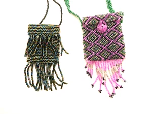 2 Seed Beaded Medicine Bag Pouch Mini Purse Necklace Bead Work Hand Crafted lot - Picture 1 of 8