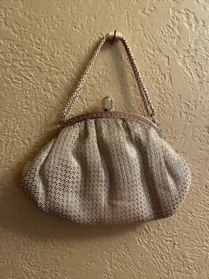 Antique  Brocade Silver And Beige Clasp Evening Bag Clutch - Image 1 of 4