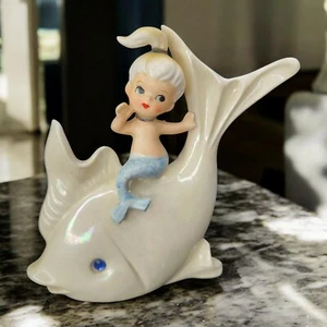 Vtg 50s Norcrest Ceramic Mermaid on Iridescent Fish Wall Plaque Figurine Japan - Picture 1 of 12