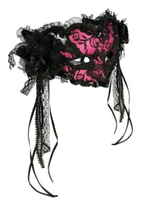 Fancy Pink and Black Lace Venetian Mask with Rosette and Satin Ribbon Streamers - Picture 1 of 1
