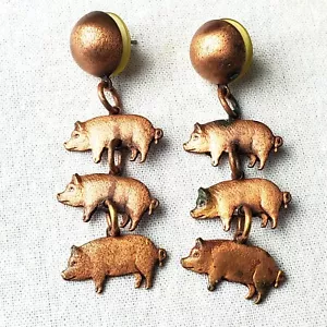 Vtg Copper Three Pigs Dangle Earrings - Picture 1 of 3