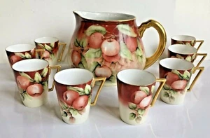 Limoges ~ antikes 9-teiliges Apfelwein Set, auffälliger handbemalter Krug & 8 Tassen ~ signiert - Bild 1 von 10
