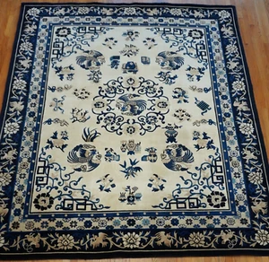 8'x10' Chinese Peking Hand Knotted Wool Phoenix Birds Blue Ivory Oriental Rug - Picture 1 of 23