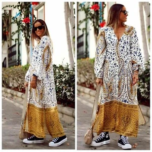 VESTIDO MIDI ZARA TÚNICA BOHO HIPPIE CAFTÁN VERANO ABERTURAS LARGAS VESTIDO ESTAMPADO TÚNICA - Imagen 1 de 4