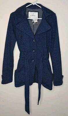 Maurices Jacket Womens M Blue Fleece Hooded Button Up Belted Coatigan Hip Length - Image 1 of 4