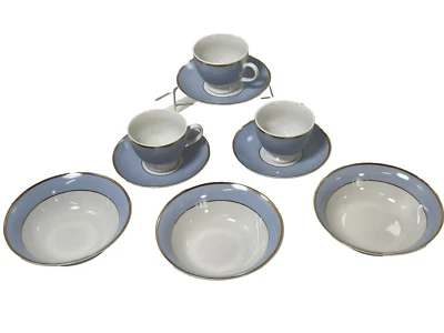 3 Royal Doulton RD 2004 Bruce Oldfield Powder Blue Teacups Saucers & Bowls - Image 1 of 4