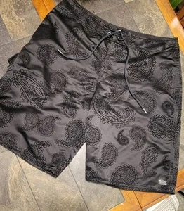 KR3W Krew Skateboard Shorts 34 Y2k Black Satin Paisley Velvet Embossed Print - Picture 1 of 8