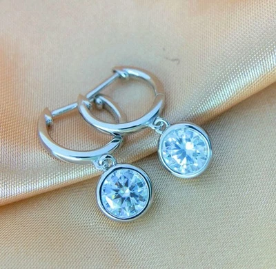 14K White silver 2 CT Round Cut Moissanite Bezal Set Dangle Women's Earrings - image 1 of 4
