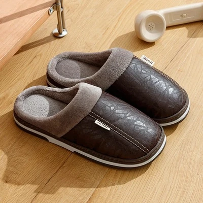 Men’s Winter Warm Plush Lined PU Home Slippers Indoor Warm Anti-Slip Shoes - Image 1 of 4