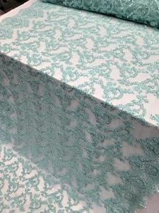 Mint Bridal Hand Beaded Lace Shine Sequin Floral Scalloped Fabric By The Yard - Picture 1 of 9