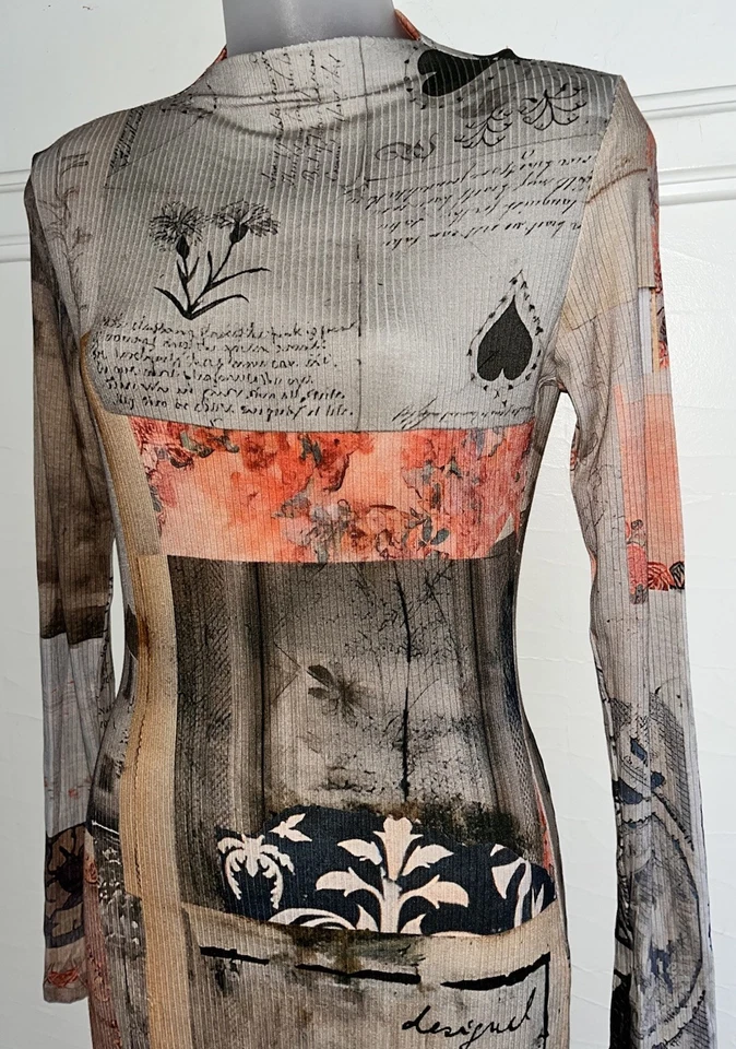 NUEVO SIN ETIQUETAS $159 Vestido Desigual Cuello Simulado Manga Larga Ajustado Maxi Lápiz Collage-Pequeño Foto 1 de 4