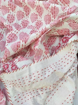 Indian Kantha Handmade pink Bedspread Quilt Hand Block Print Twin Size Blanket - Image 1 of 3