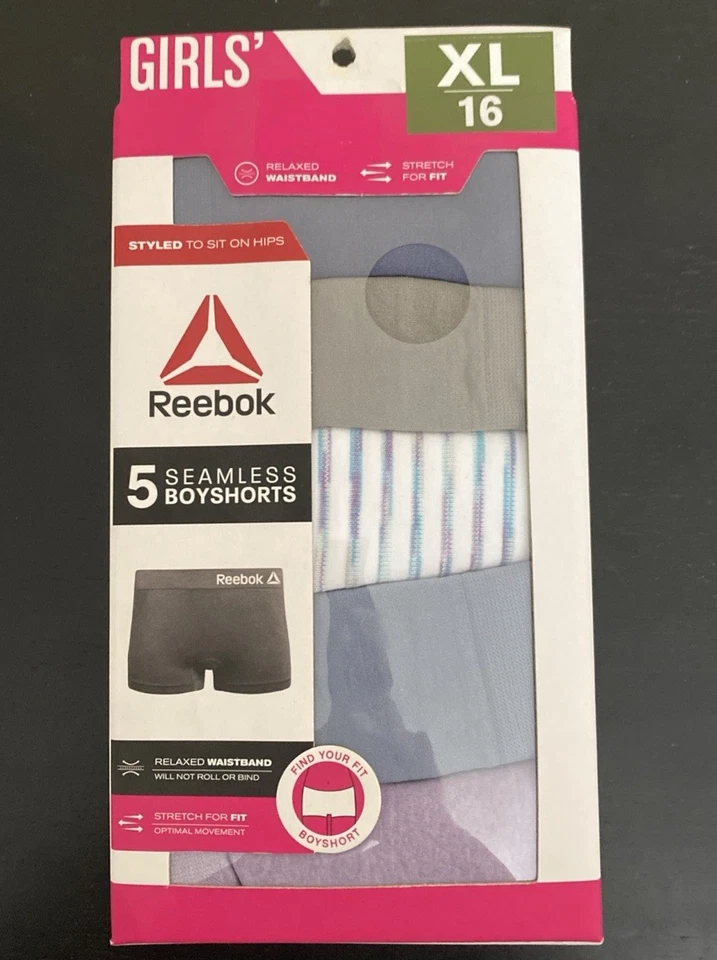 Reebok Girls Seamless 5 Pairs Multi Color Boyshort Panties Size Large 12-14