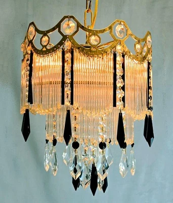 Raro! Candelabro vintage Espanha 12" x 13" haste de cristal, detalhes pretos 3 luzes - Imagem 1 de 4