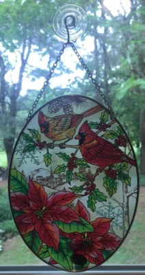 Stained Glass Suncatcher 2 Birds Cardinal Floral 6.5" x 9" Amia - Image 1 of 4