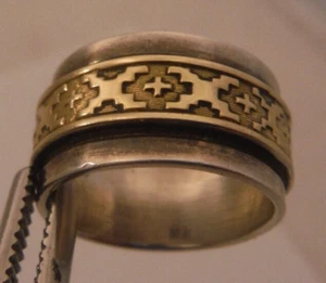 M.M. ROGERS 14K Gold Sterling Silver Native American Wide Band Ring size 5.75 - Picture 1 of 7