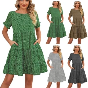 Women's Casual Summer Crew Neck Short Sleeve Tiered Ruffle Boho Swing Dresses - Picture 1 of 26