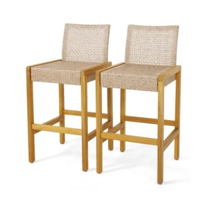 Set of 2 Patio Bar Stools Kitchen Acacia Wood Dining Chairs W/Rattan Seat & Back - Picture 1 of 10