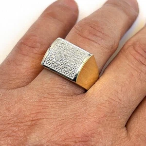 0.40CTW Natural Diamond 10K Gold Two-Tone Yellow Rectangular Men's Signet Ring - Picture 1 of 5
