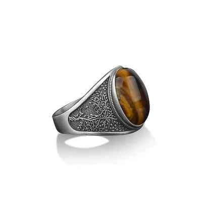Anillo para hombre de plata esterlina 925 sólida con piedras preciosas naturales ojo de tigre árbol de la vida Foto 1 de 4