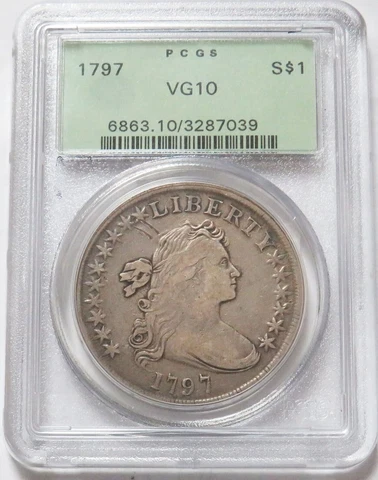 1797  DRAPED BUST SILVER DOLLAR SMALL EAGLE GREEN LABEL  PCGS VERY GOOD 10 Cover