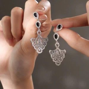 18k white gold gp made with SWAROVSKI crystal drop dangle black leopard earrings - Picture 1 of 4
