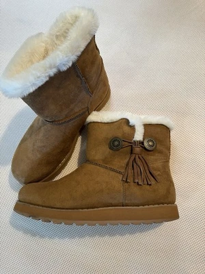 Skechers women’s size 9 Tan Suede Faux Fur winter boots, cozy Button, Tassel ￼ - Image 1 of 4