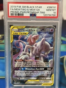2019 Pokemon Mewtwo & Mew GX #SM191 Black Star Promo  Partnership Tins PSA 10 - Foto 1 di 2