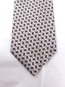 ERMENEGILDO ZEGNA / ITALY===WHITE AND BURGUNDY RECTANGLE PRINT===SILK NECK TIE - Picture 1 of 8