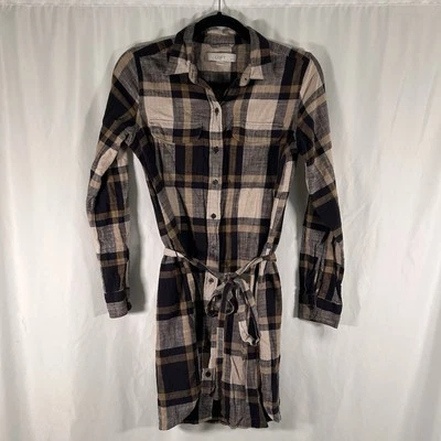 LOFT Knee Length Dress Women's Small Petite Brown Blue Plaid Button Up Tie Waist - Image 1 of 4